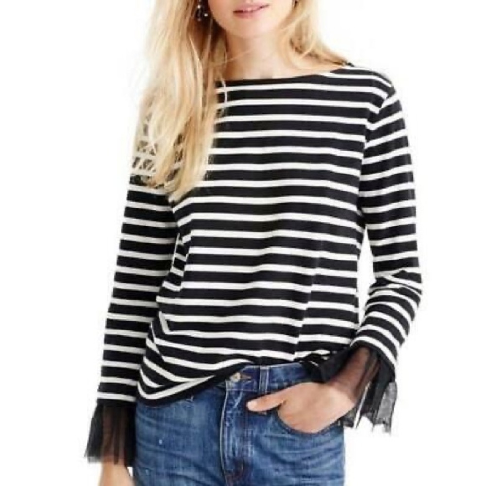 J Crew Striped Tulle Hem Long Sleeve T-shirt